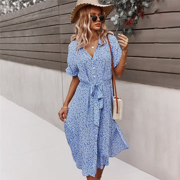 Damen Gegürtetes Blumenkleid - Fließend, Feminin & Stilvoll Sommer