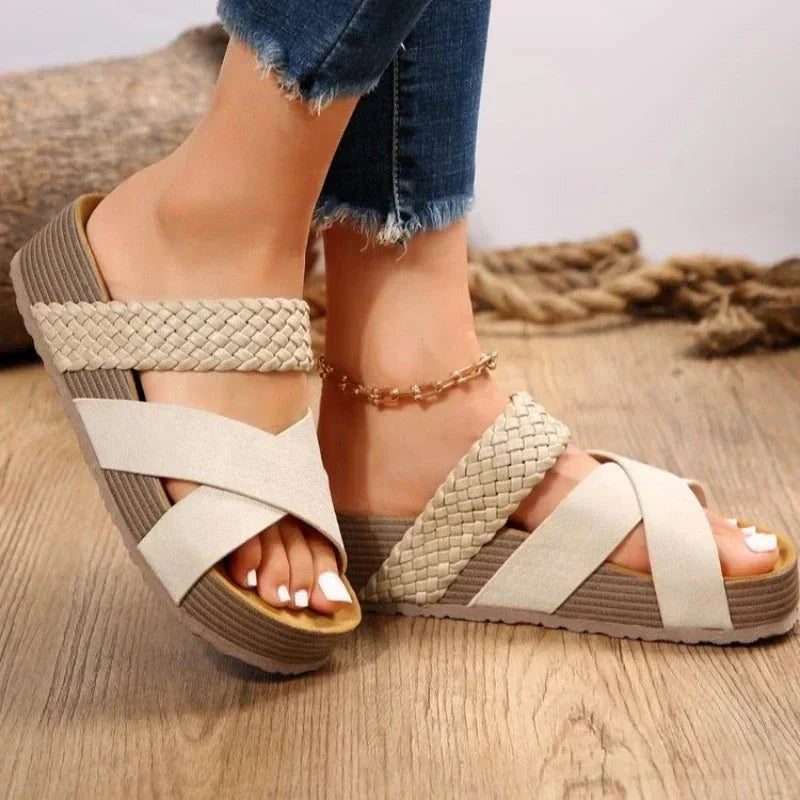 Damen Orthopädische Gepolsterte Sandalen Geflochtener Riemen und Plateausohle