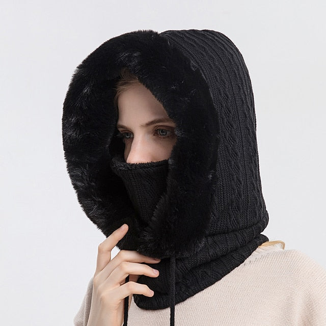 Women's Knitted Balaclava Hat - Hoodie & Plush Trim