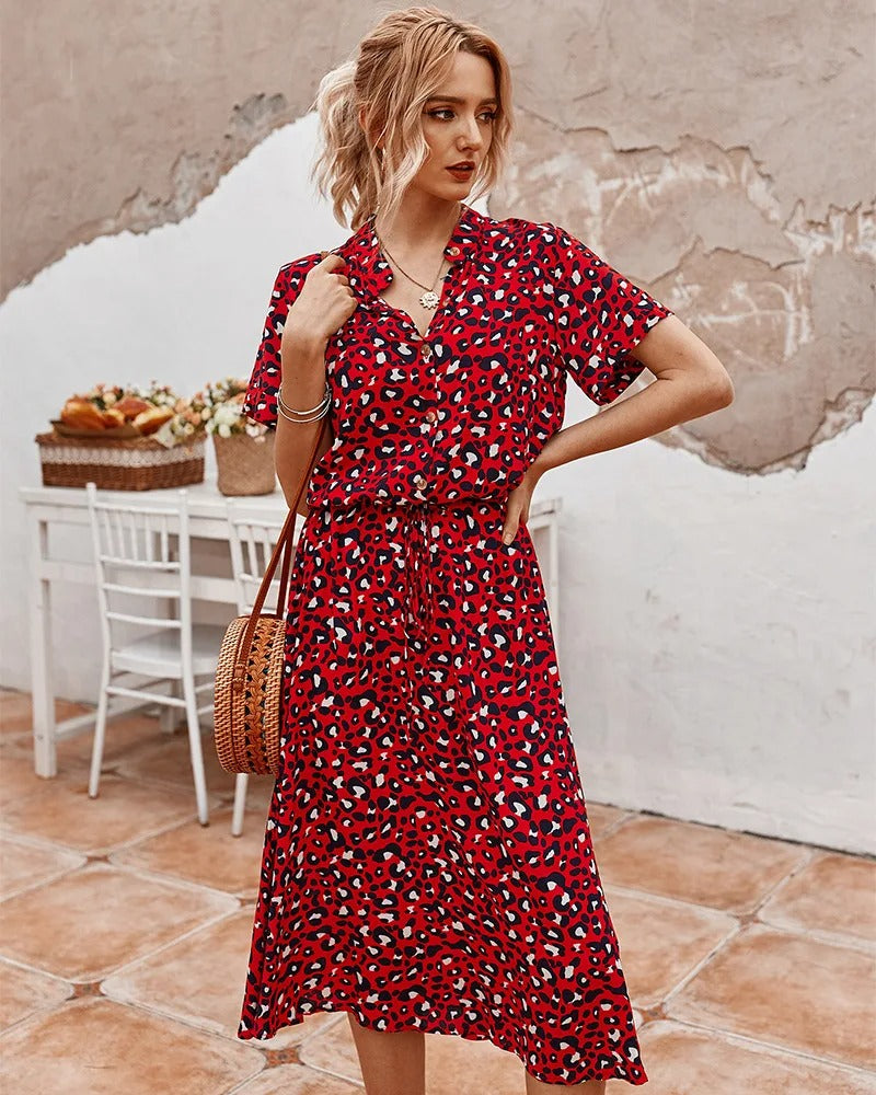 Damen Midikleid - Leopardenmuster mit kurzen Ärmeln