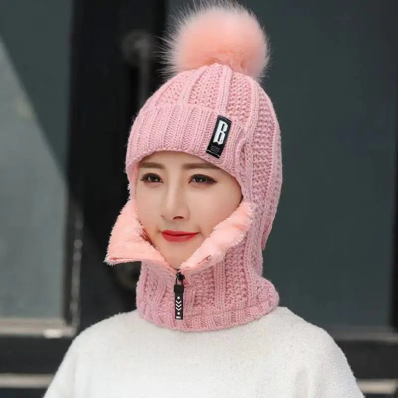 Women's Winter Balaclava Beanie - Knitted Hat with Zipper and Pom Pom