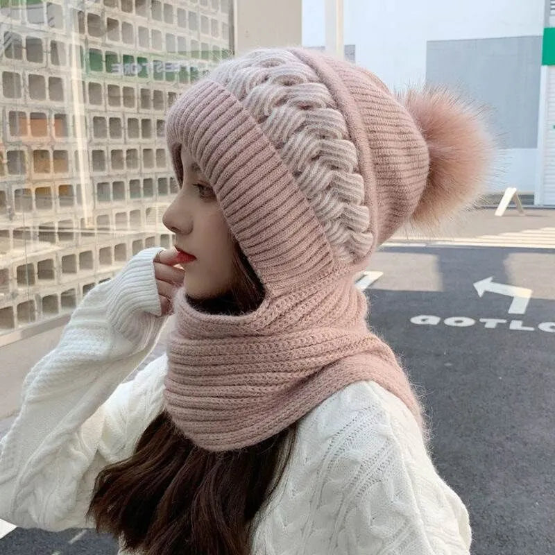 Women's knitted hat with attached scarf - winter pompom balaclava