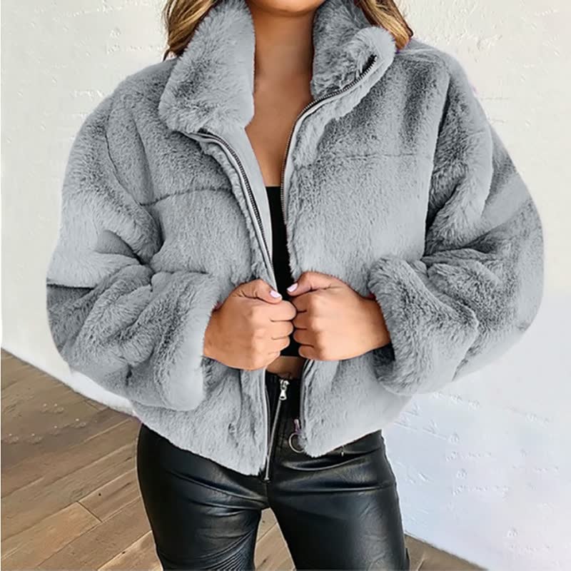 Damen Kunstpelz-Jacke mit hohem Kragen – Lockere Passform
