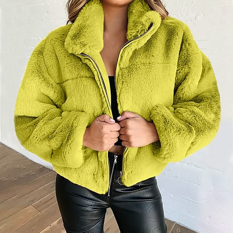 Damen Kunstpelz-Jacke mit hohem Kragen – Lockere Passform
