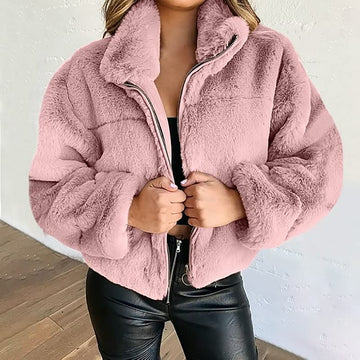 Damen Kunstpelz-Jacke mit hohem Kragen – Lockere Passform