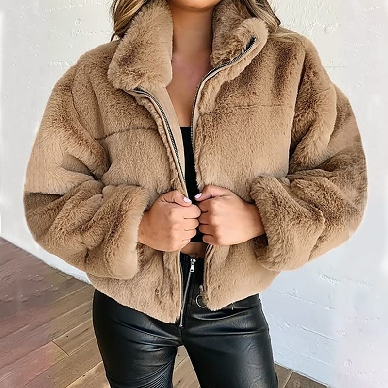 Damen Kunstpelz-Jacke mit hohem Kragen – Lockere Passform