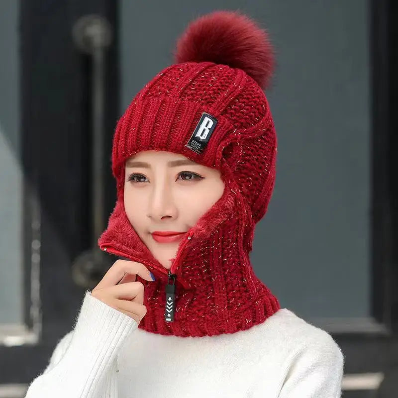 Women's Winter Balaclava Beanie - Knitted Hat with Zipper and Pom Pom