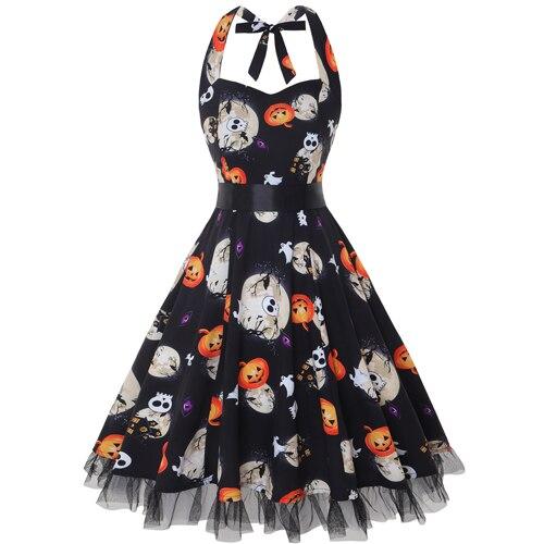 Vestido midi negro de Halloween para mujer - cuello halter, línea A y estampado de calabaza con calavera