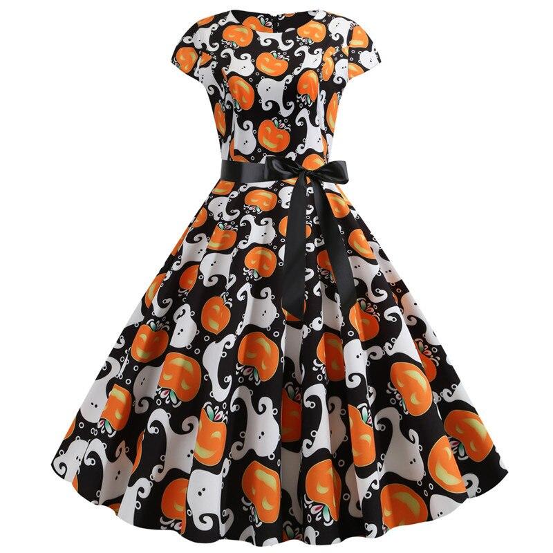 Damen Kürbis- & Geister-Print Midikleid - Cap Sleeve Halloween Kostüm