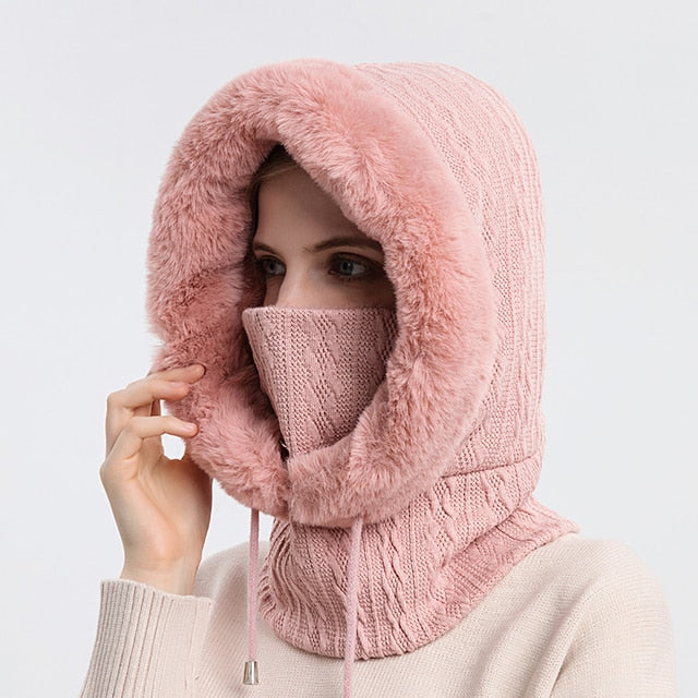 Women's Knitted Balaclava Hat - Hoodie & Plush Trim