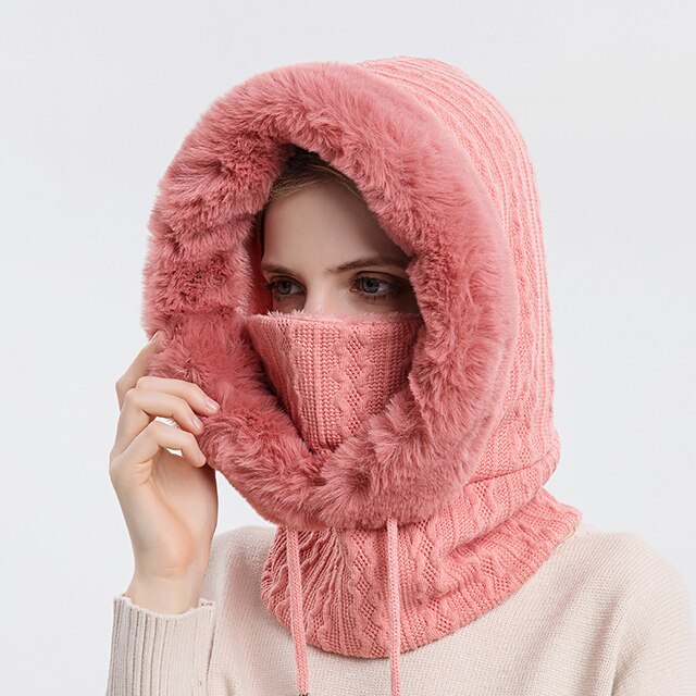Women's Knitted Balaclava Hat - Hoodie & Plush Trim