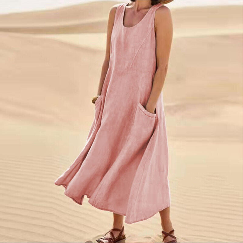 Women's Linen Midi Dress - Sleeveless with Pockets