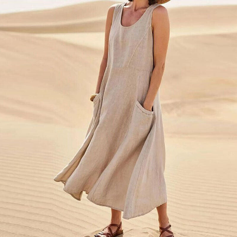 Women's Linen Midi Dress - Sleeveless with Pockets