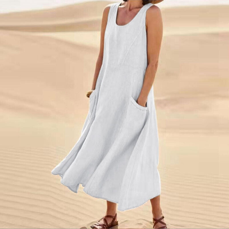 Women's Linen Midi Dress - Sleeveless with Pockets
