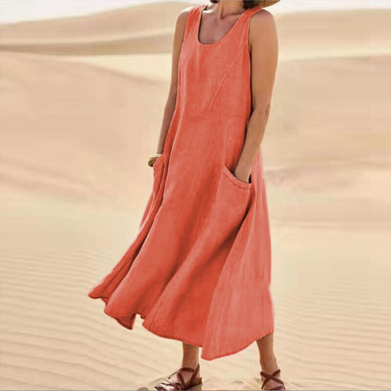 Women's Linen Midi Dress - Sleeveless with Pockets