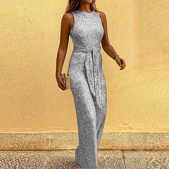 Damen Funkelnder Jumpsuit - Weites Bein mit Bindegürtel