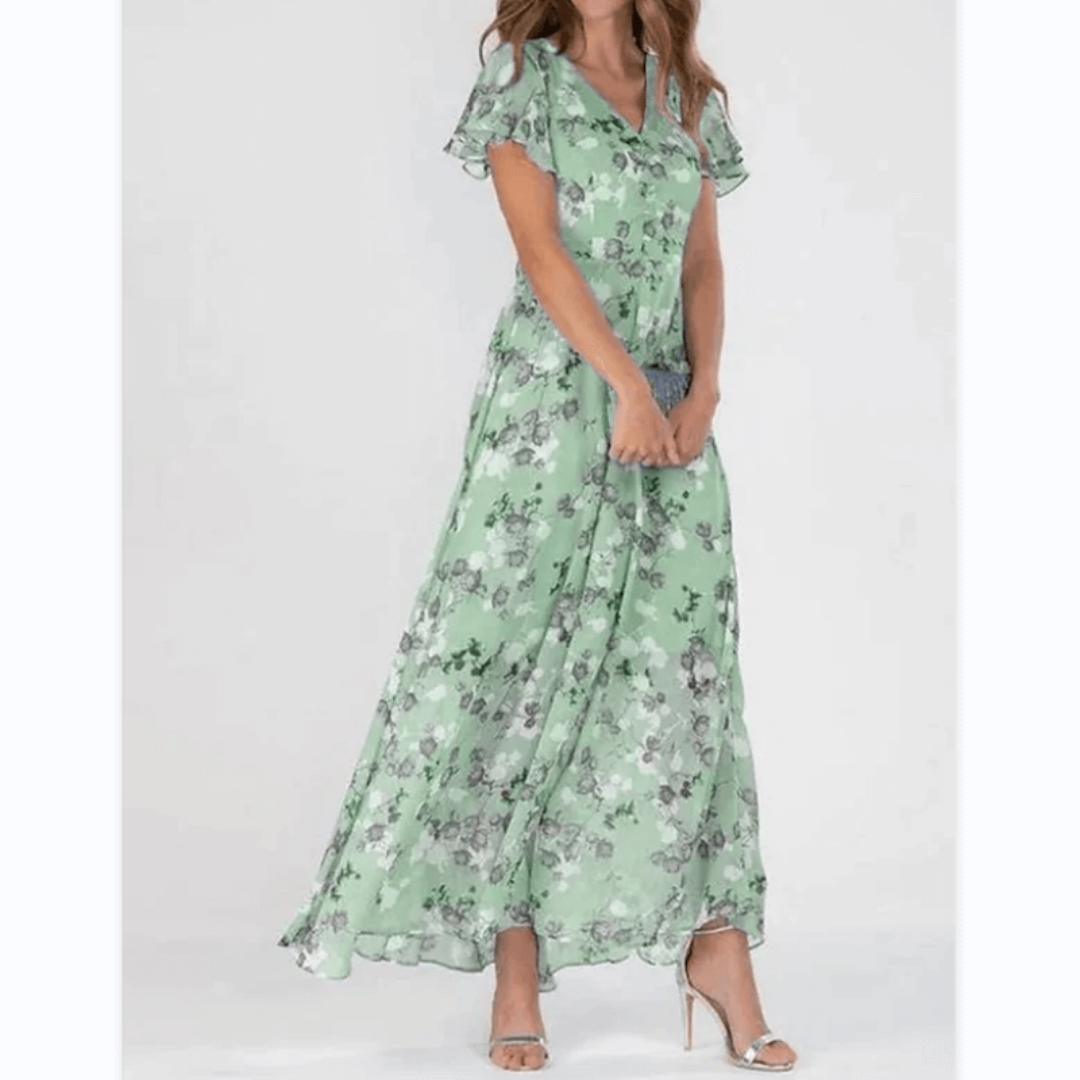 Damen-Blumen-Maxikleid - V-Ausschnitt mit Flatterärmeln