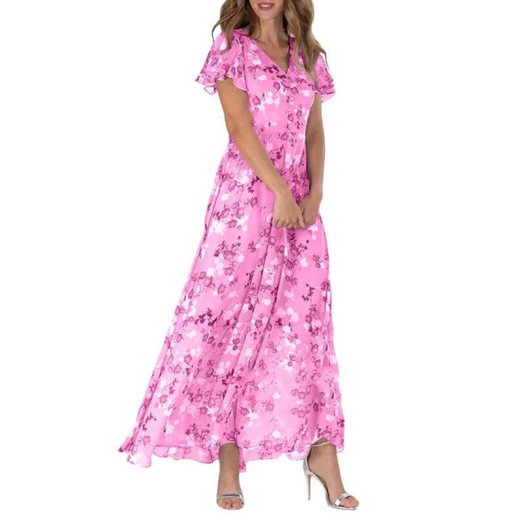 Damen-Blumen-Maxikleid - V-Ausschnitt mit Flatterärmeln