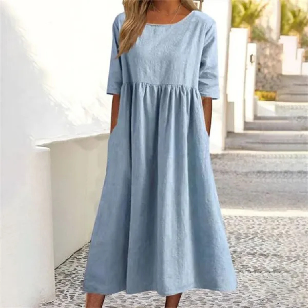 Women's Linen Midi Dress - Pleated with 3/4 Sleeves