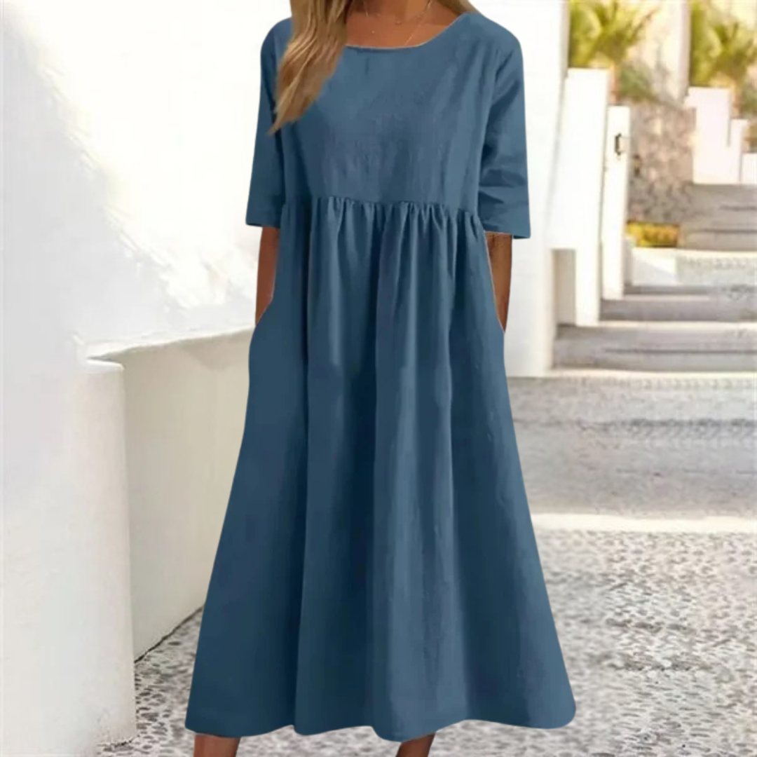 Women's Linen Midi Dress - Pleated with 3/4 Sleeves