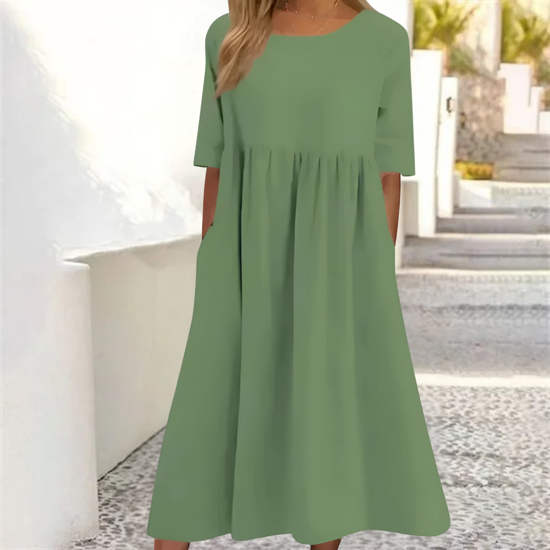 Women's Linen Midi Dress - Pleated with 3/4 Sleeves
