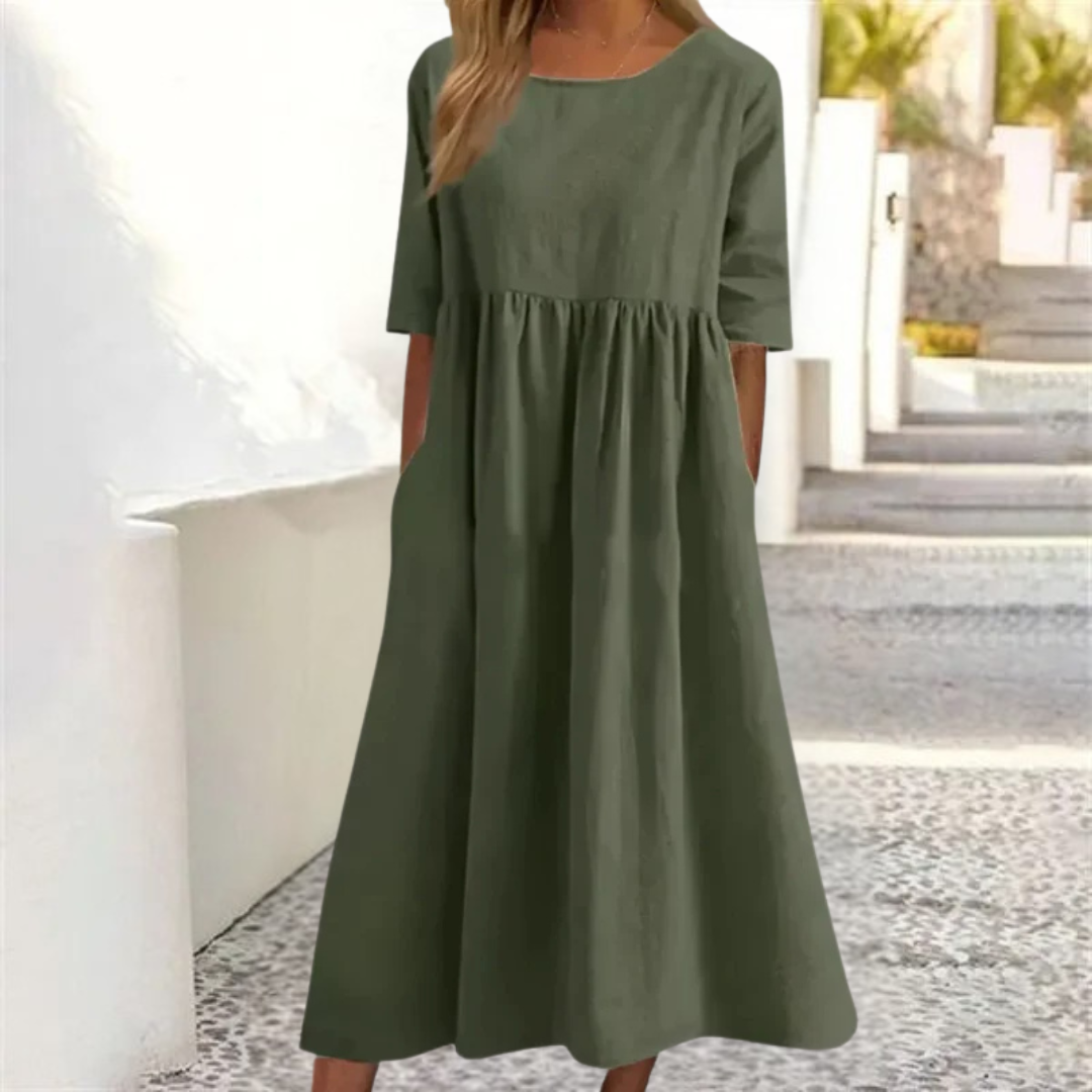 Women's Linen Midi Dress - Pleated with 3/4 Sleeves