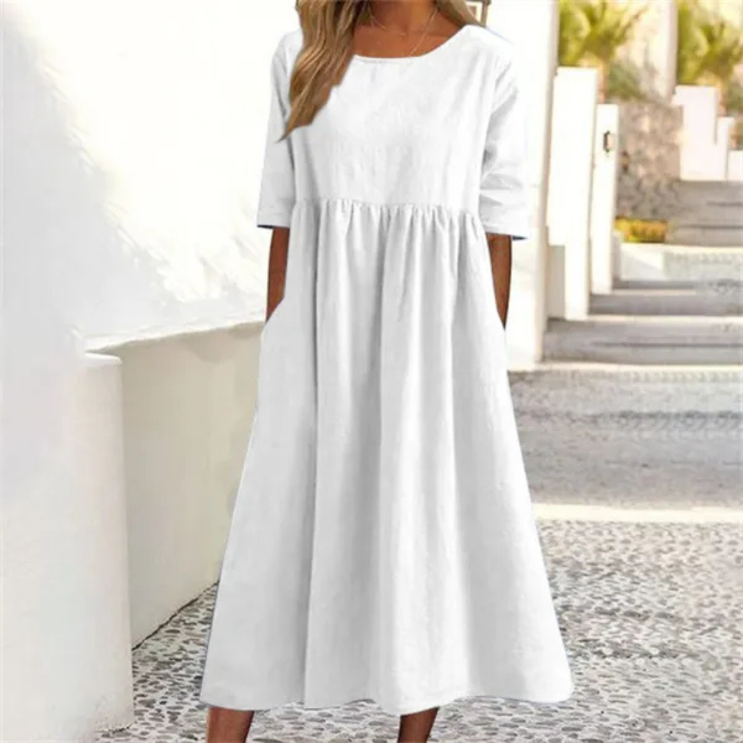 Women's Linen Midi Dress - Pleated with 3/4 Sleeves