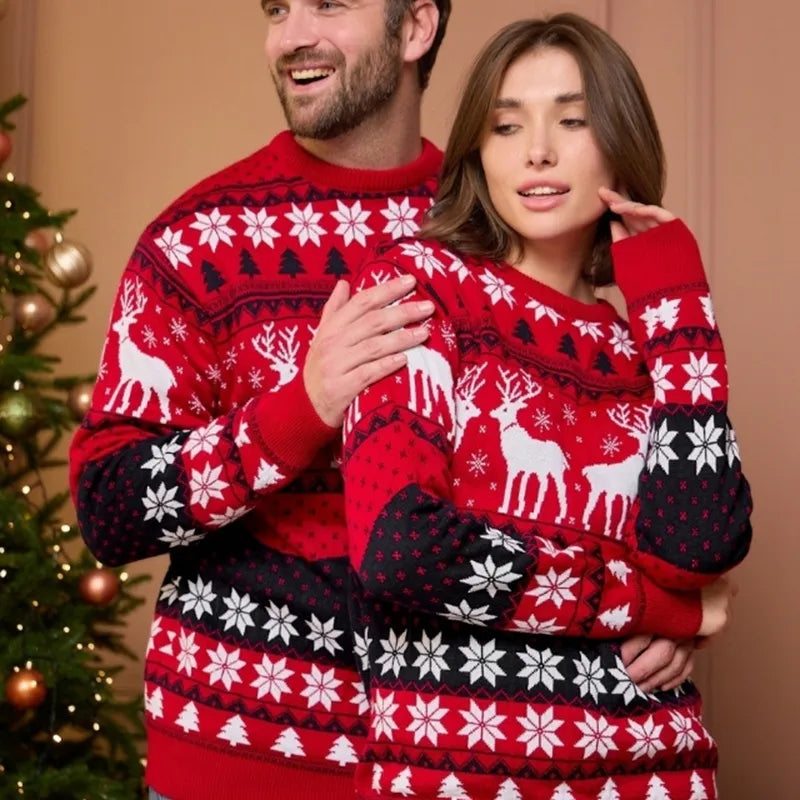 Unisex Partner-Weihnachtspullover - Rentier & Schneeflocken Strickmuster