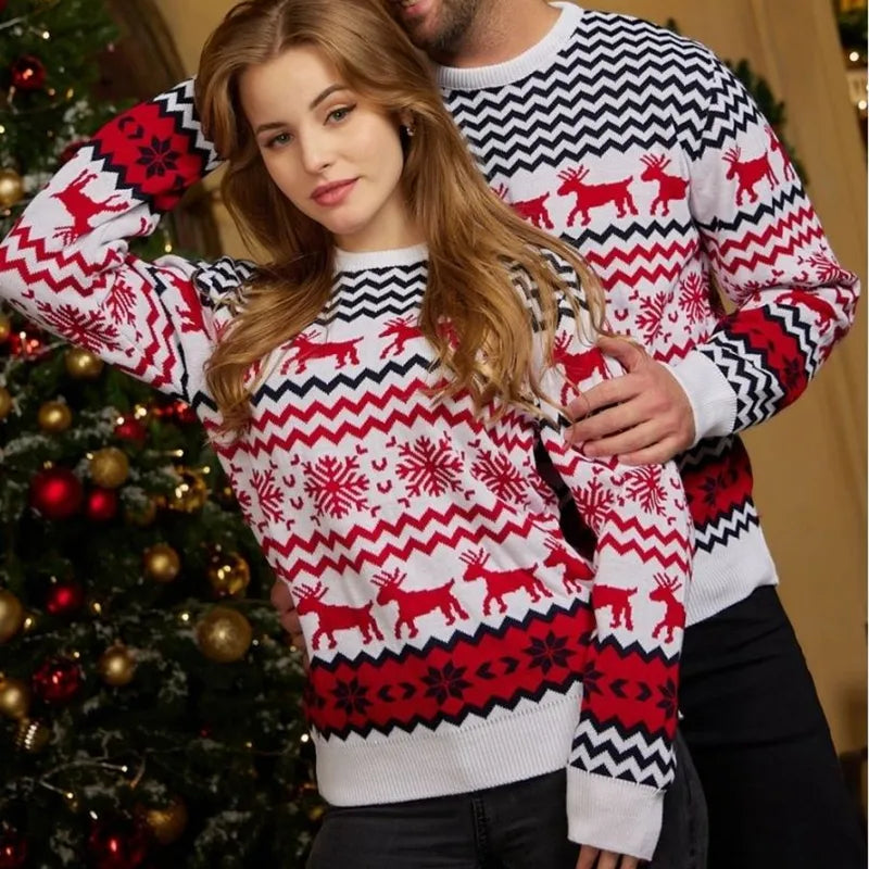 Unisex Partner-Weihnachtspullover - Rentier & Schneeflocken Strickmuster