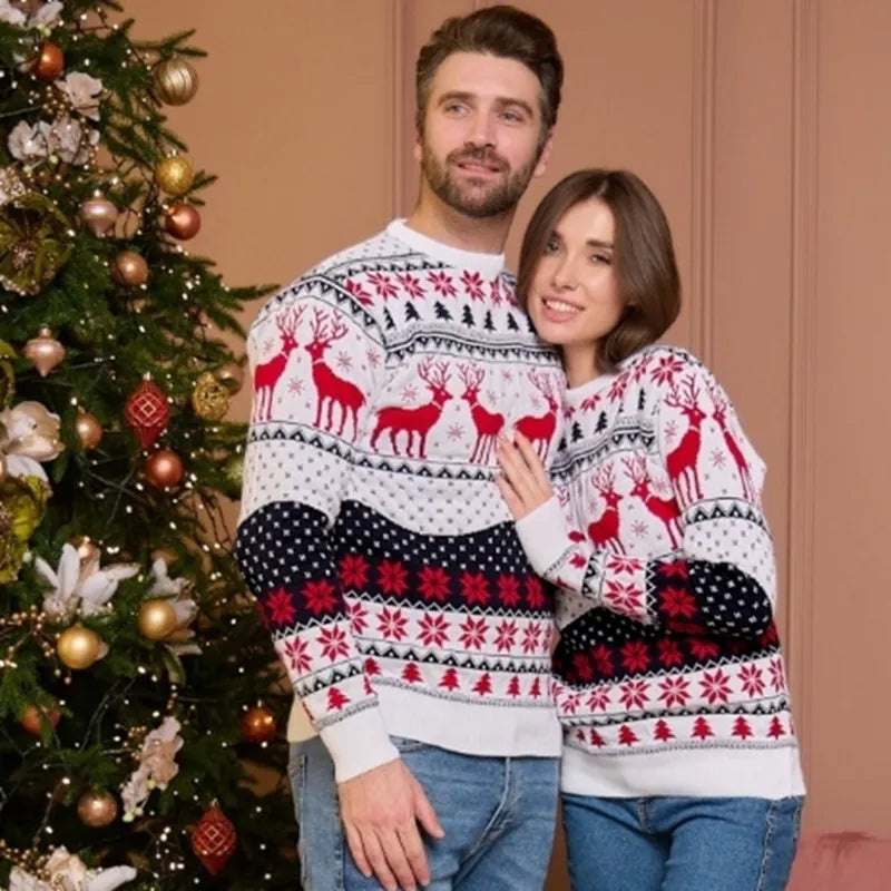 Unisex Partner-Weihnachtspullover - Rentier & Schneeflocken Strickmuster