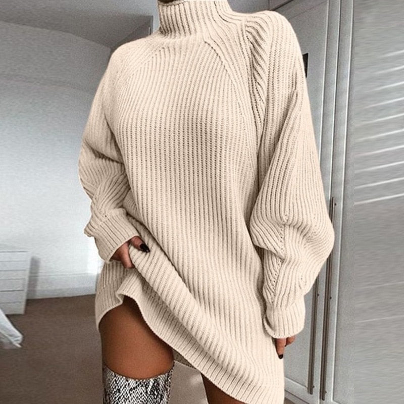 Dam Oversized Stickad Jumperklänning - Polokrage med Långa Ärmar